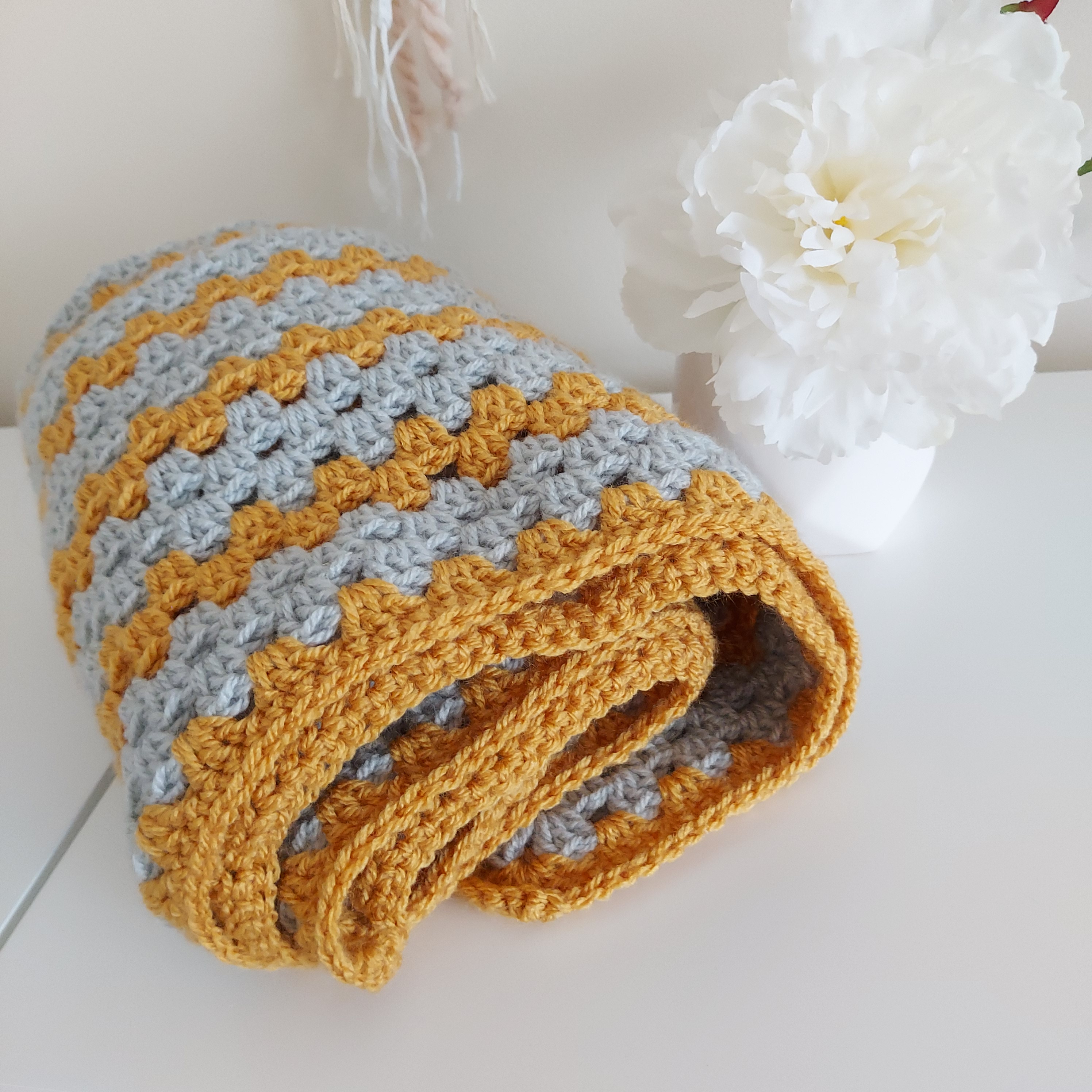 Crochet Baby Blanket BB0009 Square Baby Blanket Mustard Grey sandycraft